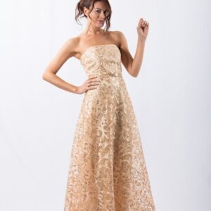 Long dress in gold re-embroided with pailletes lace and satin